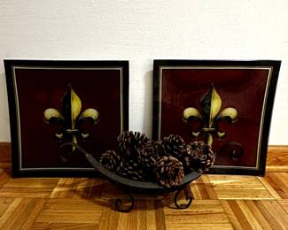 Fleur De Lis Glass Decor and Pecan Iron Vase