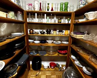 Variety of Kitchen Ware Including: Plates, Food Trays, Blenders, Vintage Can Opener, Vintage Microwave, Vintage Toaster, Wine Accessors, Cups, Mugs, Tumblrs, Crock Pot, and More