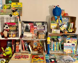 Lots of favorite characters and movie-related items. I have stuffed animals, toys, VHS tapes, audio cassette tapes, books with tapes or CDs, games, puzzles and more!