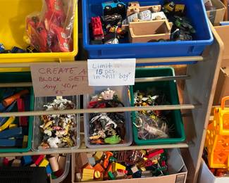 So many different blocks and animals and vehicles! I am still working on Mega Blocks, Legos, Tyco blocks, and die cast cars. I have so many animals, bugs, train tracks, figures and more!