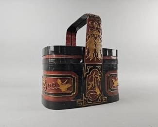 Lot 145 | Vtg Chinese Red, Black & Gold Betrothal Basket
