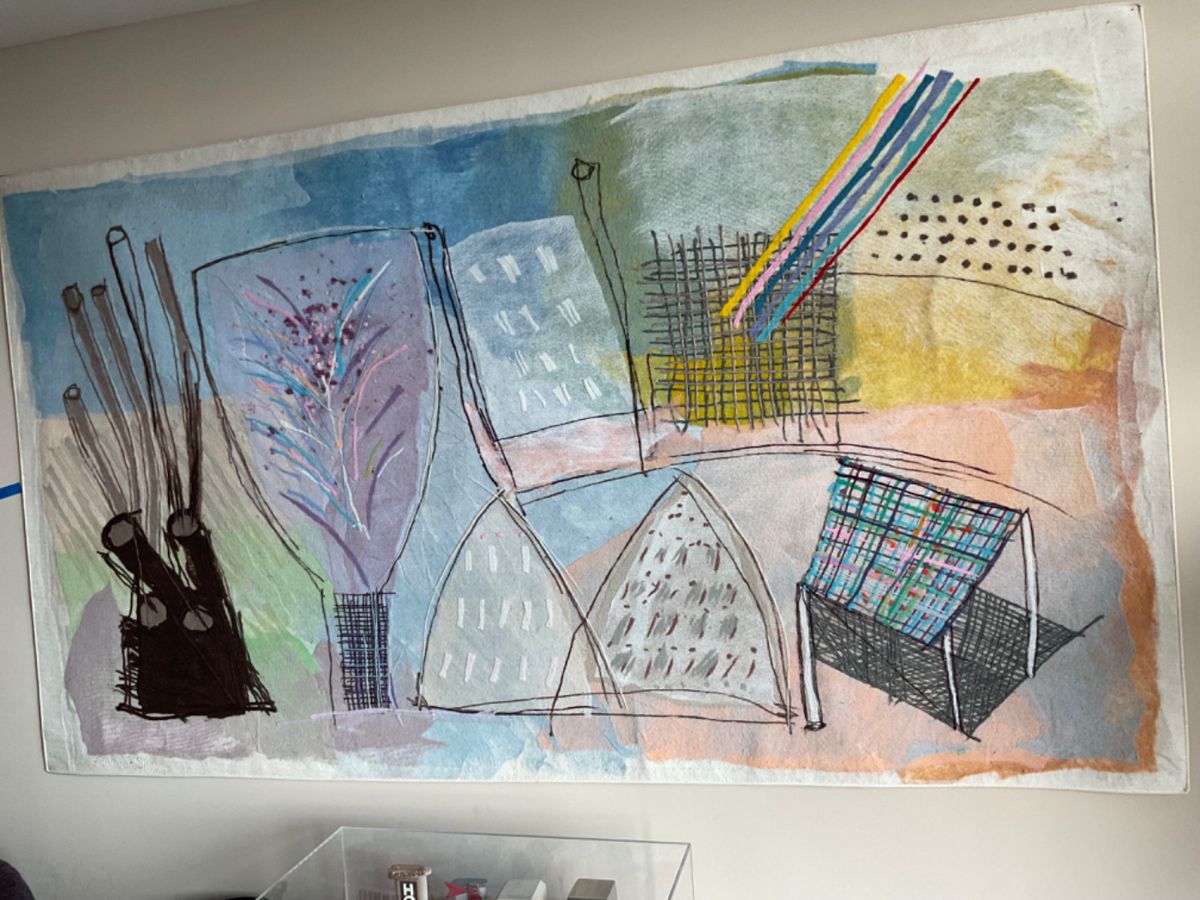 Calman Shemi Signed 1980's "A Meeting of Personal Images  Original Hand Painted Mixed Media 92” x 53”  Soft Painting on Wool 