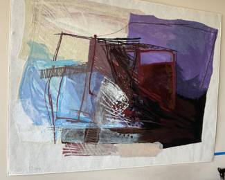 Calman Shemi Signed 1980's "Night Disturbance 11" Original Hand Painted Mixed Media  Height: 52"  x 62.25" Soft Painting on Wool 