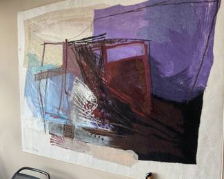 Calman Shemi Signed 1980's "Night Disturbance 11" Original Hand Painted Mixed Media  Height: 52"  x 62.25" Soft Painting on Wool 