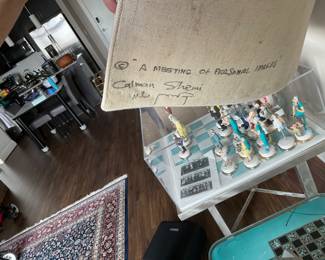 Calman Shemi Signed 1980's "A Meeting of Personal Images Original Hand Painted Mixed Media 93” x 53”  Soft Painting on Wool 