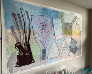 Calman Shemi Signed 1980's "A Meeting of Personal Images  Original Hand Painted Mixed Media 93”  x 53 Soft Painting on Wool 