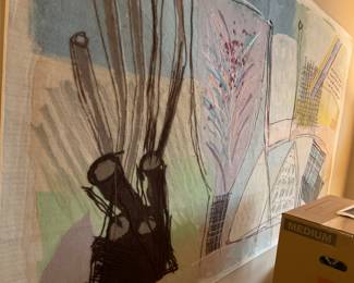 Calman Shemi Signed 1980's "A Meeting of Personal Images Original Hand Painted Mixed Media 93” x 53” Soft Painting on Wool 