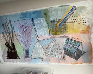 Calman Shemi Signed 1980's "A Meeting of Personal Images  Original Hand Painted Mixed Media 92” x 53”  Soft Painting on Wool 