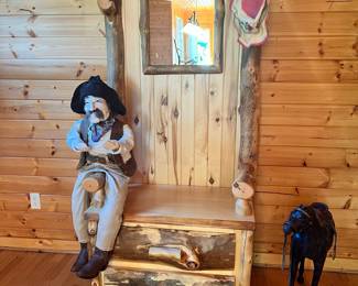 Aspen Log Hall Tree,  Soft Sculpture Art Cowboy Character Doll 