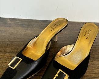 Gucci Black Leather Buckle Mules with Kitten Heels