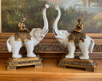 Pair of Figurines - Children Traveling on Elephants