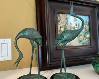 Pair of Green Bronze Crane Figurines