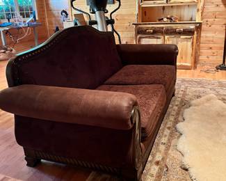 Brown Suede Leather Sofa with Paisley Cushions