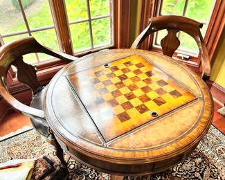  Maitland Smith Mahogany and Leather Game Table with 2 Chairs