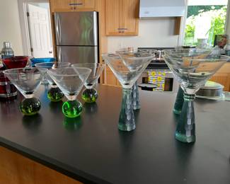 Set of 4 Artland Prescott Hand Blown Martini Glasses with Hammered Stem, Set of 4 Blown Glass Green Ball Stem Martini Glasses 