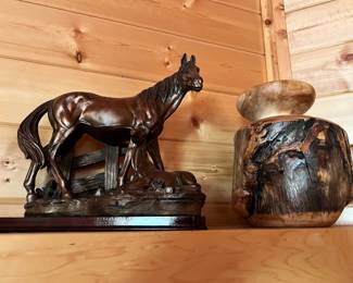 Bronze Horse & Foal Sculpture, Hand Carved Burl Wood Candle Holder