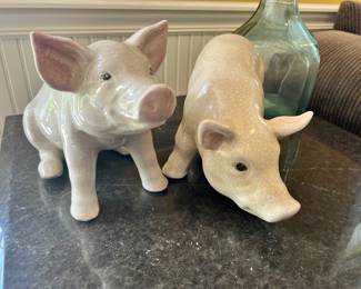 Pair of Crackle Ceramic Pig Sculptures