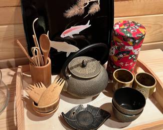 Japanese Cast Iron Teapot, Set of 3 Bambu Spork Utensil, Cast Iron Leaf Spoon Rest, Pair of Japanese Cast Iron Tea Cups, Red Japanese Tea Box in Washi Paper, Japanese Black Laquer Tray with Koi Fish Design