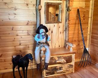 Aspen Log Hall Tree,  Soft Sculpture Art Cowboy Character Doll 