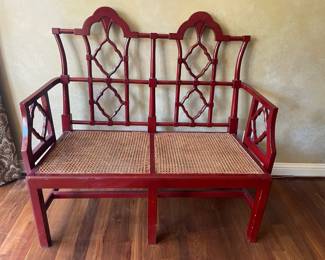 Red Chippendale Style Caned Bench Settee
