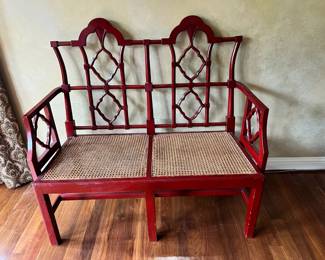Red Chippendale Style Caned Bench Settee
