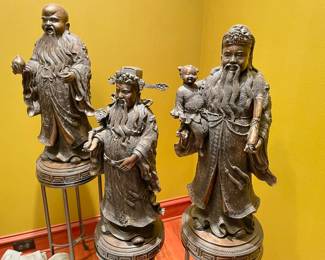 Japanese Set of Three Bronze Tone Sculptures of Gods

