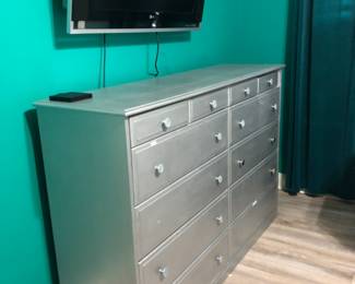 Unfinished furniture chest of drawers painted silver. Tons of storage. 
