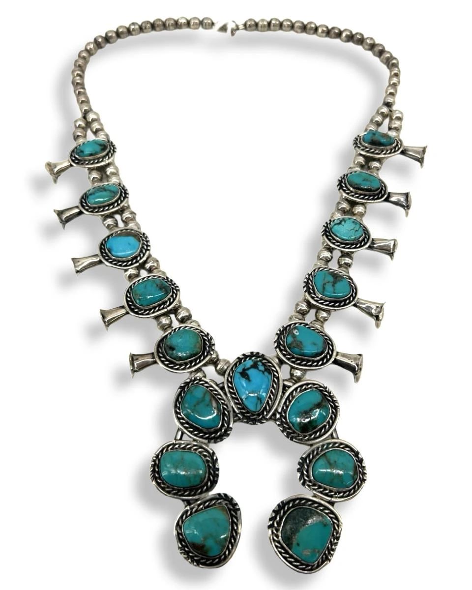 Navajo Silver & Turquoise Squash Blossom Necklace