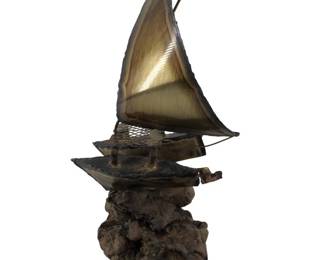 Mid-Century Metal Sailboat On Burl Wood