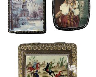 (3pc) Lacquered Wood Russian Trinket Boxes