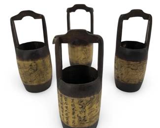 (4pc) Miniature Carved Wood Chinese Water Bucket
