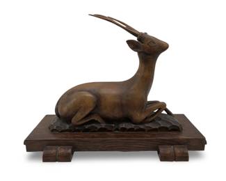 Signed Lelay Carved Wood Deer Statue