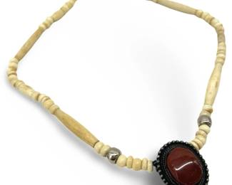 Vintage Tribal Bone & Red Stone Necklace