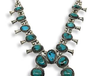 Navajo Silver & Turquoise Squash Blossom Necklace
