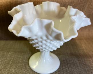 Fenton Style Hobnail Ruffle Pedestal Milk Glass