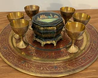 Brass Goblets and Tray with Trinket Box