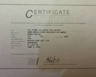 Hand embellished serigraph on canvas "Via Fiore" by Kerry Hallam (with COA)