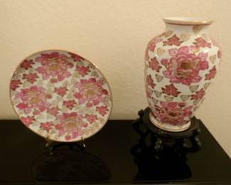Vintage Pink and Gold Imari Vase and Plate