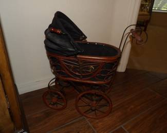 Antique Victorian baby doll stroller buggy wicker and metal