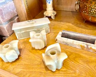 Onyx set of three candleholders, dominoes and holder, cigarette lighter