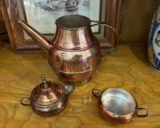 Vintage, copper, and brass pitcher, sugar, and creamer