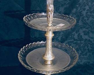 BEAUTIFUL RUSSIAN 3 TIER CUT GLASS ORNATE  SILVERED DESERT EPERGNE 