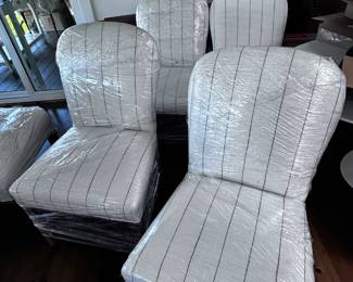 dining chairs / newly upholstered Pindler performance fabric - easy to spot clean.
very comfortable w wood legs.
41" tall, 20" deep
handmade in NYC showroom