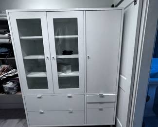 Room and Board storage for office, bathroom, dining room, living room 56"x75"x24" excellent condition - white w stainless steel and glass doors.