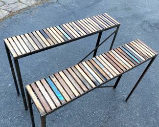 42" (each) reclaimed teak wood. slim console tables on metal. excellent condition