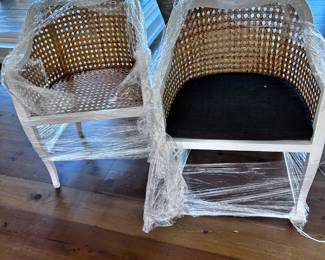Set of 2 chairs -white with beautiful cane in very good condition with 2 blue cushions