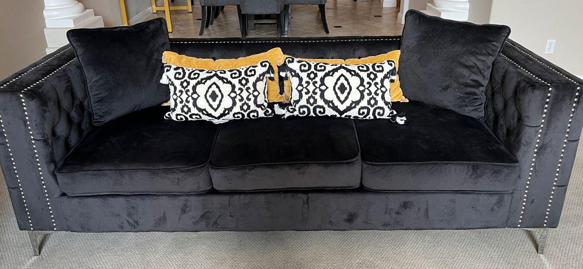 Charcoal Velvet-like Tufted Sofa w/ Nailhead Accent and Stainless Base x 2 