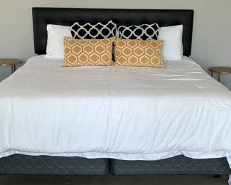 King Bed: Black Tufted Padded Headboard w/ Bed Frame, King Mattress/BS, Duvet Cover, Bedsure Duvet Insert, Decorative Pillows, Nesting Tables