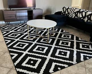 Metro Black and White Area Rug, Media Center, Sectional Sofa (3-pc), Faux Marble and Gold Based Coffee Table