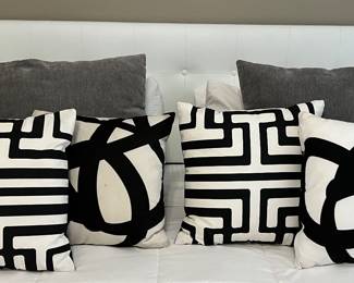 Spare Bedroom Downstairs: King White Padded/Tufted Headboard, Bed Frame, Mattress/BS, Lots of Black & White Pillows, Grey Pillows